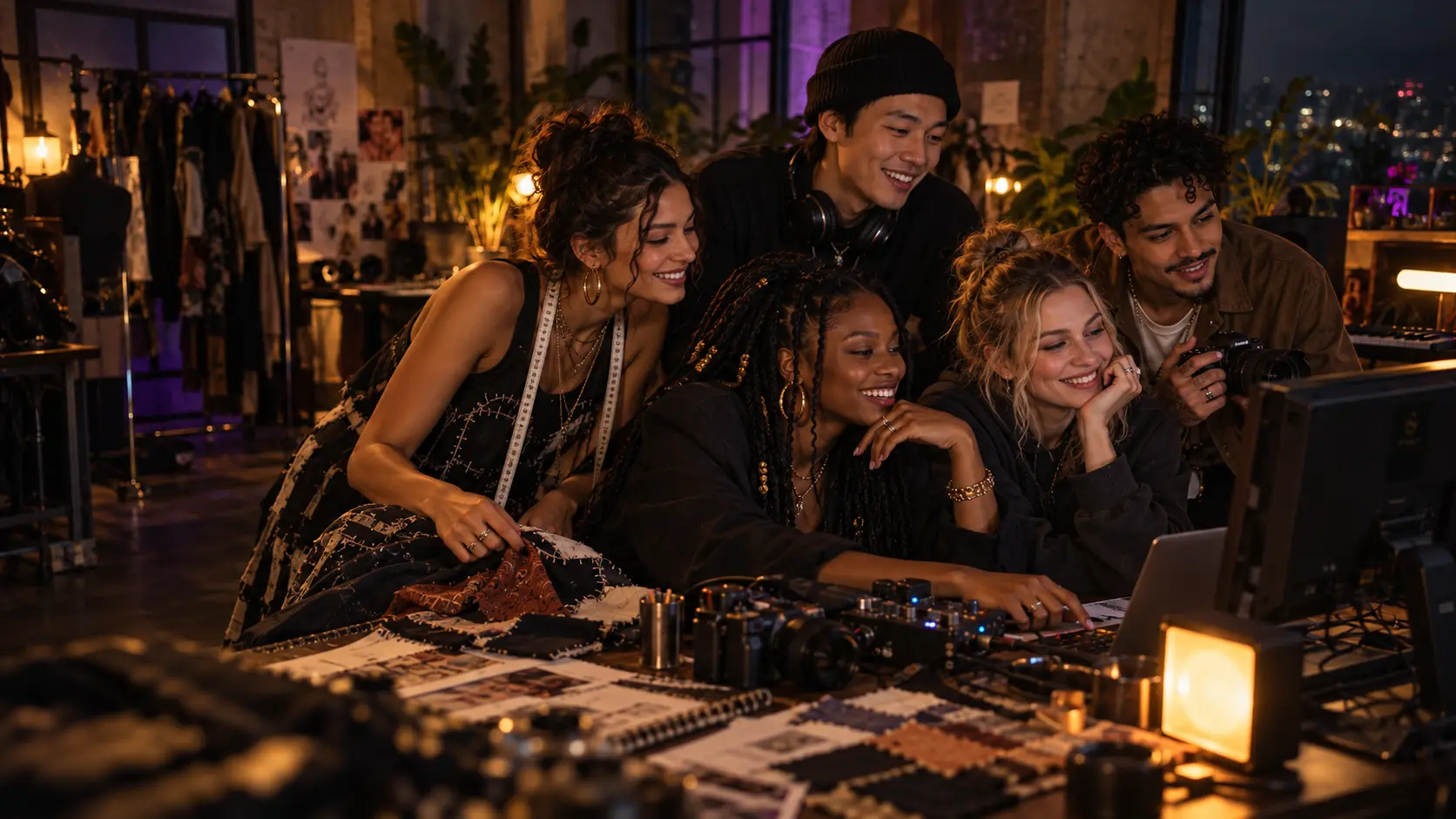 Equipo creativo multicultural colaborando en un estudio entre moda, música y producción digital